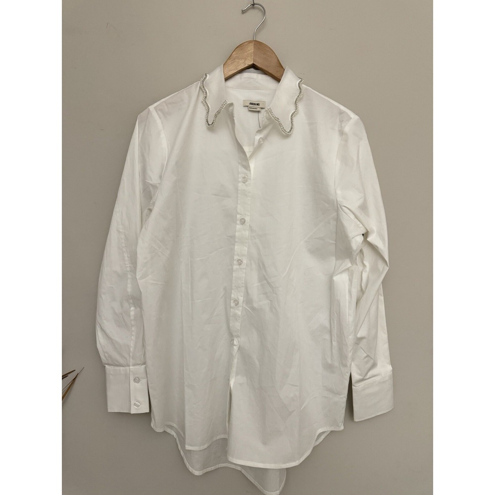 Jason WU‎ White Womens Shirt With Bedazzled Collar Sz S